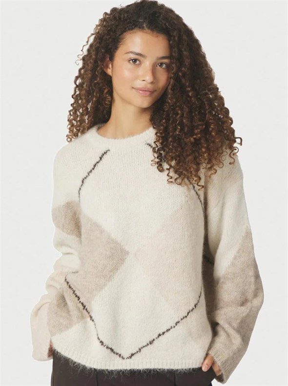 Inga Check Fluff Knit Blouse - Creme