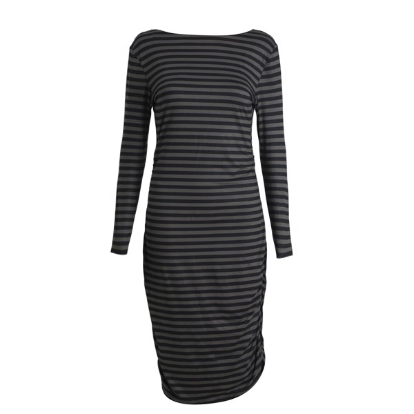 ALMA LS TURN DRESS DARK GREY BLACK STRIPE