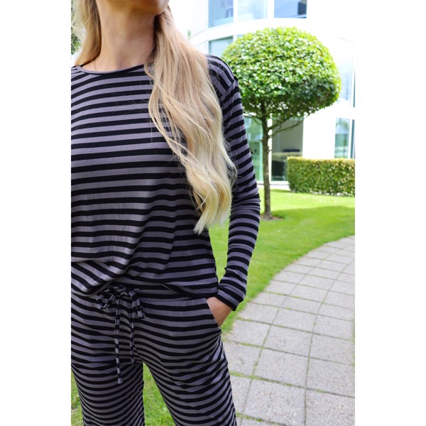 NATALIA LS BOXY BLOUSE BLACK DARK GREY STRIPE