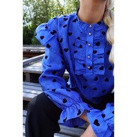 TIA LS FRILL BLOUSE COBOLT BLUE BLACK HEART