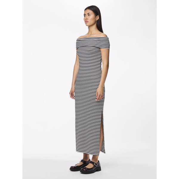 PCLAYA OFF SHOULDER ANKLE DRESS BLACK WHITE STRIPES