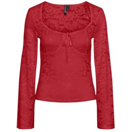 PCAMALIE LS LACE TOP HIGH RISK RED