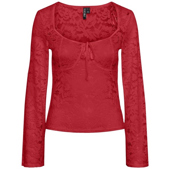 PCAMALIE LS LACE TOP HIGH RISK RED